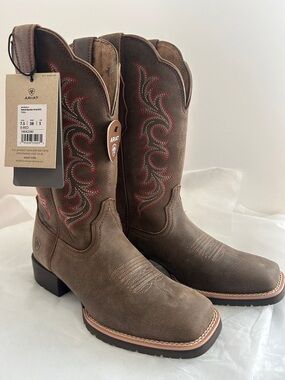 Ariat Women’s Hybrid Rancher Brown Leather Stretch Fit Western Boot Wide Sq Toe